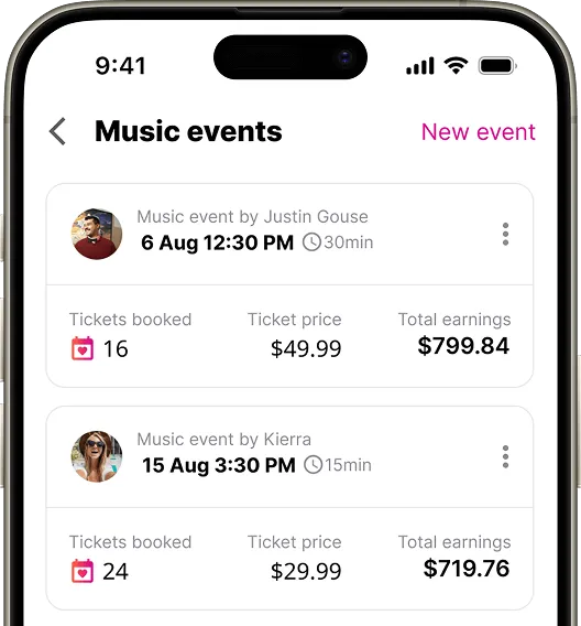 A smartphone screen displaying upcoming music events with details on ticket bookings, prices, and total earnings for two shows.