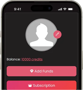 Mobile app user profile screen showing balance of 10,000 credits with options to add funds and manage subscription.