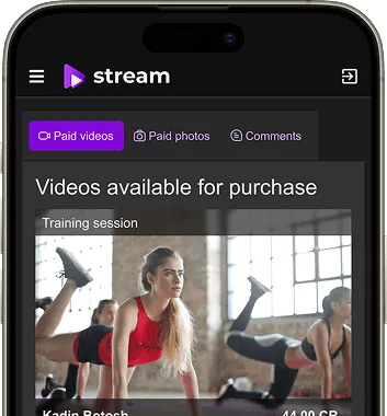 A mobile screen displaying the "stream" app with options for purchasing videos and photos, featuring a training session preview.